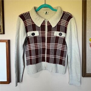 Vintage Plaid Button-Up Women Sweater - Cream and Brown